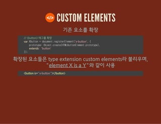 CUSTOM ELEMENTS
기존 요소를 확장
// <button> 태그를 확장
var XButton=document.registerElement('x-button',{
prototype:Object.create(HTMLButtonElement.prototype),
extends:'button'
});
확장된 요소들은 type extension custom elements라 불리우며,
"element X is a Y"와 같이 사용
<button is="x-button"></button>
 