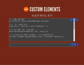 CUSTOM ELEMENTS
속성과 메서드 추가
// 1. HTML 객체 생성
var XTestProto = Object.create(HTMLElement.prototype);
// 2. ‘hi’ 메서드 추가
XTestProto.hi = function() { alert('안녕하세요.'); };
// 3. 읽기 전용 ‘bar’ 속성 설정
Object.defineProperty(XTestProto, "bar", {value: 5});
// 4. <x-test> 태그 등록. 태그명에는 '-'가 꼭 포함되어야 함.
var XTest = document.registerElement('x-test', { prototype: XTestProto
});
/*
JavaScript
HTML
 