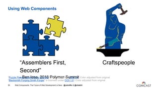 “Assemblers First, Craftspeople
Second”
- Ben Issa, 2016 Polymer Summit
Using Web Components
Web Components: The Future of Web Development is Here - @JohnRiv & @chiefcll50
"Puzzle Pieces Jigsaw Piece Concept" is licensed under CC0 1.0 / Color adjusted from original
"Blacksmith Forging Smith Forger" is licensed under CC0 1.0 / Color adjusted from original
 