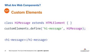 What Are Web Components?
Web Components: The Future of Web Development is Here - @JohnRiv & @chiefcll20
Custom Elements
cl...