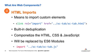 What Are Web Components?
Web Components: The Future of Web Development is Here - @JohnRiv & @chiefcll22
HTML Imports
• Mea...