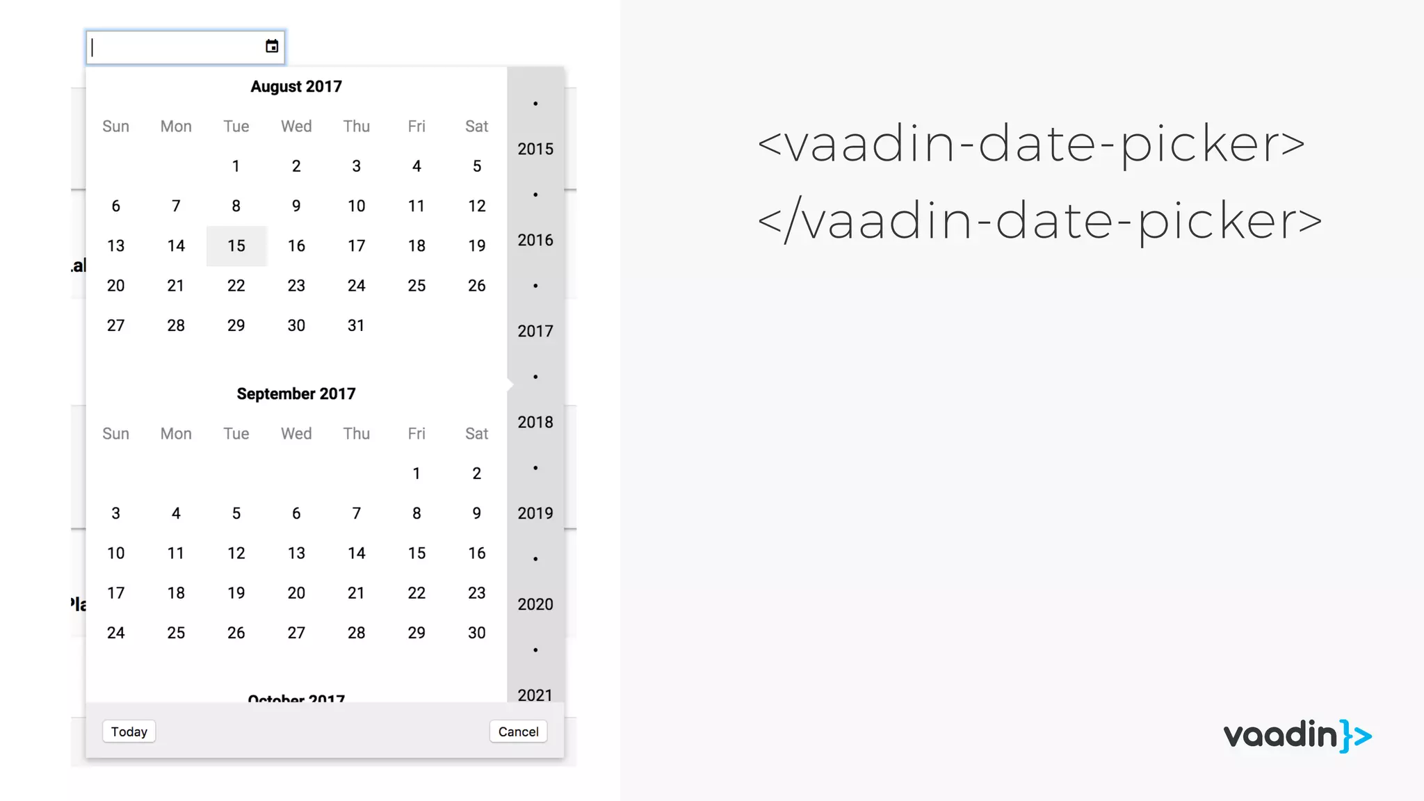 <vaadin-date-picker>
</vaadin-date-picker>
 