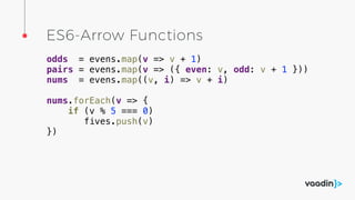 ES6-Arrow Functions
odds = evens.map(v => v + 1)
pairs = evens.map(v => ({ even: v, odd: v + 1 }))
nums = evens.map((v, i) => v + i)
nums.forEach(v => {
if (v % 5 === 0)
fives.push(v)
})
 