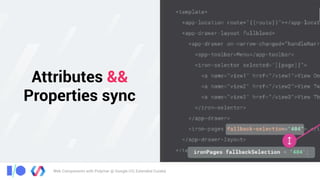 Web Components with Polymer @ Google I/O, Extended Cuiabá
Attributes &&
Properties sync
 