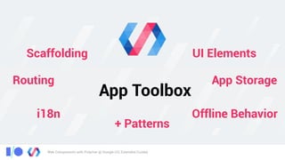 Web Components with Polymer @ Google I/O, Extended Cuiabá
App Toolbox
Scaffolding
Routing
i18n
UI Elements
App Storage
Offline Behavior
+ Patterns
 