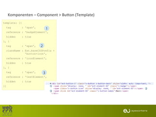 Komponenten – Component > Button (Template)
template: [{
  tag       : 'span',
                                1
  reference : 'badgeElement',
  hidden    : true
}, {
  tag       : 'span',   2
  className : Ext.baseCSSPrefix +
              'button-icon',
  reference : 'iconElement',
  hidden    : true
}, {
  tag       : 'span',       3
  reference : 'textElement',
  hidden    : true
}]                                  1
                                                   2
                                    3
 
