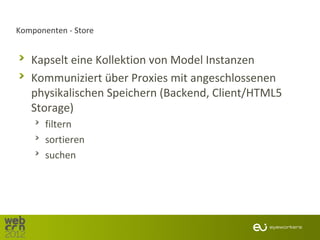 Komponenten - Store


   Kapselt eine Kollektion von Model Instanzen
   Kommuniziert über Proxies mit angeschlossenen
   physikalischen Speichern (Backend, Client/HTML5
   Storage)
       filtern
       sortieren
       suchen
 
