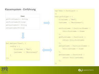 Klassensystem - Einführung             var User = function() {
                                       };
                   User                User.prototype = {
getFirstname(): String                      firstname : 'Max',
setFirstname(String)                        lastname   : 'Mustermann',
getLastname(): String
setLastname(String)                         setFirstname : function(fname) {
                                                 this.firstname = fname
                                            },
                                            getFirstname : function() {
                                                 return this.firstname;

Ext.define('User', {                        },

      config : {                            setLastname : function(lname) {

          firstname : 'Max',                     this.lastname = lname

          lastname    : 'Mustermann'        },

      }                                     getLastname : function() {

});                                              return this.lastname;
                                            },
                                       };
 