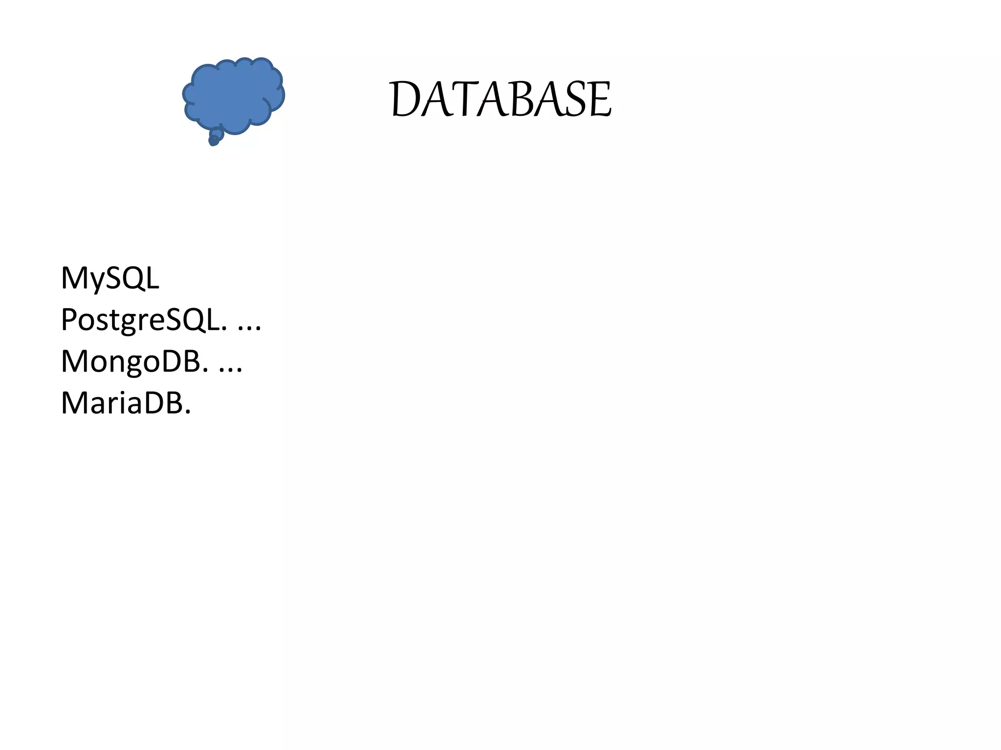 DATABASE
MySQL
PostgreSQL. ...
MongoDB. ...
MariaDB.
