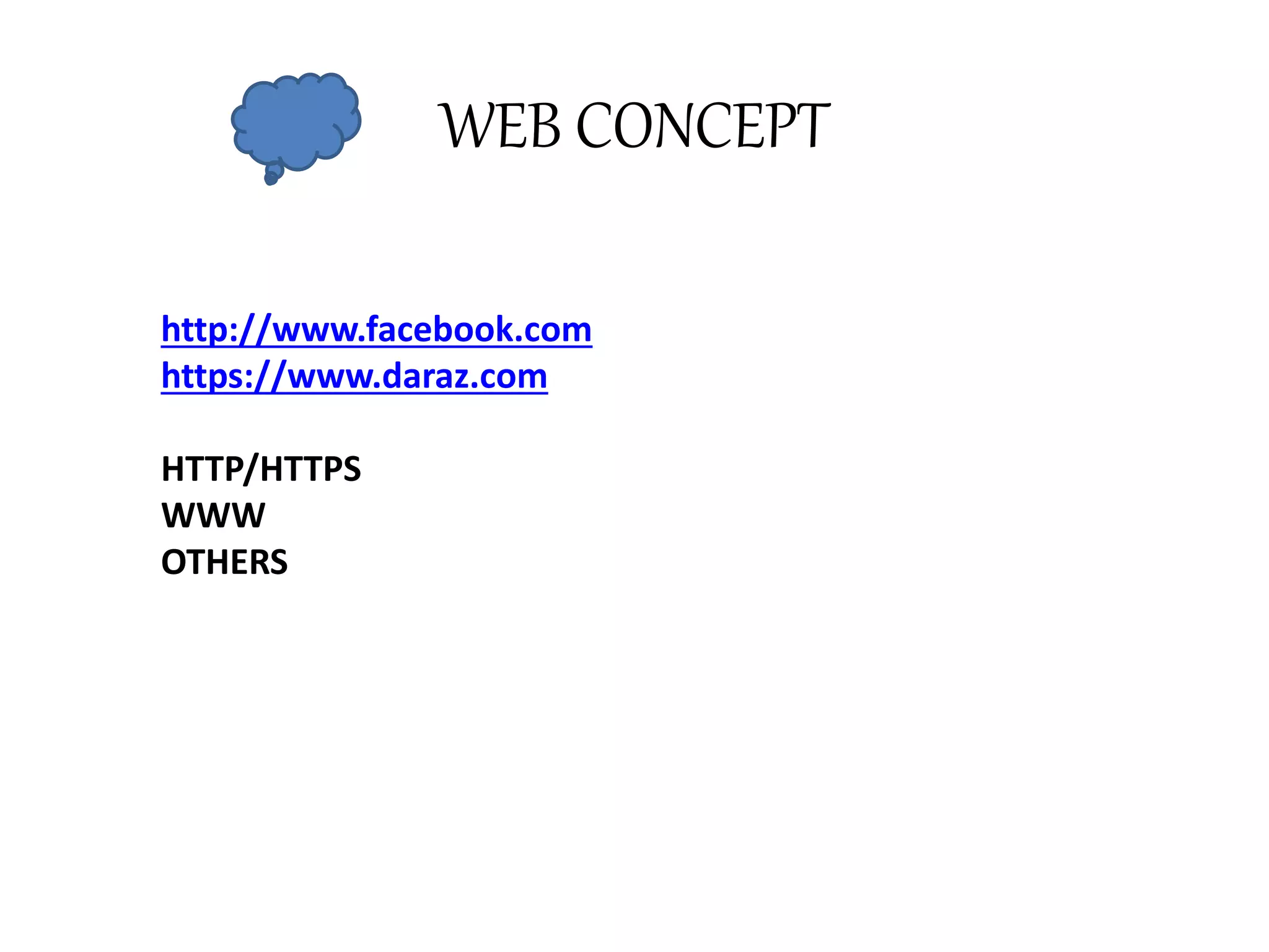WEB CONCEPT
http://www.facebook.com
https://www.daraz.com
HTTP/HTTPS
WWW
OTHERS