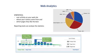 STATISTICS:
- user activity on your web site
- where your visitors come from and
- which pages they like the best
Reporting tools can analyze the statistics
Web Analytics
 