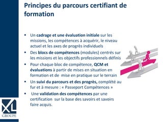 Principes du parcours certifiant de
formation
 Un cadrage et une évaluation initiale sur les
missions, les compétences à acquérir, le niveau
actuel et les axes de progrès individuels
 Des blocs de compétences (modules) centrés sur
les missions et les objectifs professionnels définis
 Pour chaque bloc de compétence, QCM et
évaluations à partir de mises en situation en
formation et de mise en pratique sur le terrain
 Un suivi du parcours et des progrès, complété au
fur et à mesure : « Passeport Compétences »
 Une validation des compétences par une
certification sur la base des savoirs et savoirs
faire acquis.
 