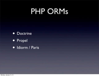 PHP ORMs

                    • Doctrine
                    • Propel
                    • Idiorm / Paris


Monday, Janua...