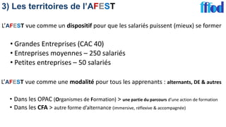3) Les territoires de l’AFEST
L’AFEST vue comme un dispositif pour que les salariés puissent (mieux) se former
• Grandes Entreprises (CAC 40)
• Entreprises moyennes – 250 salariés
• Petites entreprises – 50 salariés
L’AFEST vue comme une modalité pour tous les apprenants : alternants, DE & autres
• Dans les OPAC (Organismes de Formation) > une partie du parcours d’une action de formation
• Dans les CFA > autre forme d’alternance (immersive, réflexive & accompagnée)
 