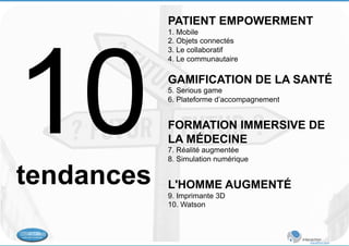 10 
tendances 
PATIENT EMPOWERMENT 
1. Mobile 
2. Objets connectés 
3. Le collaboratif 
4. Le communautaire 
GAMIFICATION DE LA SANTÉ 
5. Serious game 
6. Plateforme d’accompagnement 
FORMATION IMMERSIVE DE 
LA MÉDECINE 
7. Réalité augmentée 
8. Simulation numérique 
L'HOMME AUGMENTÉ 
9. Imprimante 3D 
10. Watson 
 