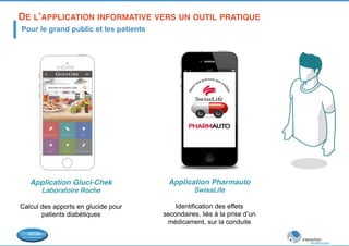 DE L’APPLICATION INFORMATIVE VERS UN OUTIL PRATIQUE! 
Pour le grand public et les patients 
Application Pharmauto! 
SwissLife! 
Identification des effets 
secondaires, liés à la prise d’un 
médicament, sur la conduite! 
Application Gluci-Chek! 
Laboratoire Roche! 
Calcul des apports en glucide pour 
patients diabétiques! 
 