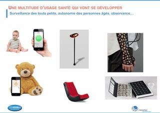 UNE MULTITUDE D’USAGE SANTÉ QUI VONT SE DÉVELOPPER 
! Surveillance des touts petits, autonomie des personnes âgés, observance… 
 