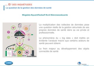… ET DES INQUIÉTUDES! 
La question de la gestion des données de santé 
#bigdata #quantifiedself #cnil #donneesdesante 
La multiplication des collectes de données pose 
une question réelle de la gestion sécurisée de ses 
propres données de santé dans sa vie privée et 
professionnelle. 
Le phénomène du « big data » doit mettre en 
évidente l’analyse macro que certains acteurs de 
santé peuvent obtenir. 
Le frein majeur au développement des objets 
connectés de santé 
 