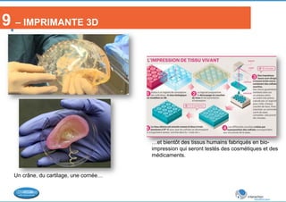 …et bientôt des tissus humains fabriqués en bio-impression 
qui seront testés des cosmétiques et des 
médicaments. 
9 – IMPRIMANTE 3D 
Un crâne, du cartilage, une cornée… 
 