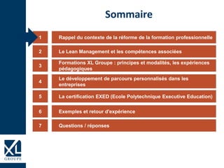 Rappel du contexte de la réforme de la formation professionnelle1
Formations XL Groupe : principes et modalités, les expériences
pédagogiques
3
Le développement de parcours personnalisés dans les
entreprises
4
La certification EXED (Ecole Polytechnique Executive Education)5
Exemples et retour d'expérience6
Sommaire
Le Lean Management et les compétences associées2
Questions / réponses7
 