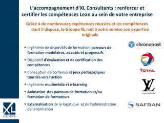  Ingénierie de dispositifs de formation, parcours de
formation modulaires, adaptés et progressifs
 Dispositif d'évaluation et de certification des
compétences
 Conception de contenus et jeux pédagogiques
tournés vers l’action
 Ingénierie multimédia et e-learning
 Animation des parcours de formation et/ou
formation de formateurs
 Externalisation de la logistique et de l’administration
de la formation
Grâce à de nombreuses expériences réussies et les compétences
dont il dispose, le Groupe XL met à votre service son expertise
originale
L’accompagnement d’XL Consultants : renforcer et
certifier les compétences Lean au sein de votre entreprise
 