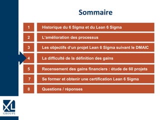 Historique du 6 Sigma et du Lean 6 Sigma1
Les objectifs d‘un projet Lean 6 Sigma suivant le DMAIC3
La difficulté de la définition des gains4
Recensement des gains financiers : étude de 60 projets5
Sommaire
L‘amélioration des processus2
Se former et obtenir une certification Lean 6 Sigma7
Questions / réponses8
 