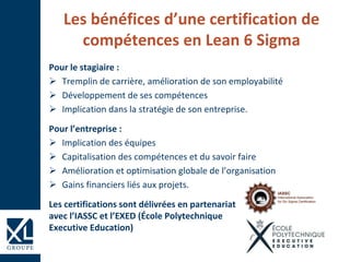 Les bénéfices d’une certification de
compétences en Lean 6 Sigma
Pour le stagiaire :
 Tremplin de carrière, amélioration de son employabilité
 Développement de ses compétences
 Implication dans la stratégie de son entreprise.
Pour l’entreprise :
 Implication des équipes
 Capitalisation des compétences et du savoir faire
 Amélioration et optimisation globale de l’organisation
 Gains financiers liés aux projets.
Les certifications sont délivrées en partenariat
avec l’IASSC et l’EXED (École Polytechnique
Executive Education)
 