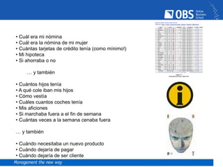 • Cuál era mi nómina
• Cuál era la nómina de mi mujer
• Cuántas tarjetas de crédito tenía (como mínimo!)
• Mi hipoteca
• Si ahorraba o no
… y también
• Cuántos hijos tenía
• A qué cole iban mis hijos
• Cómo vestía
• Cuáles cuantos coches tenía
• Mis aficiones
• Si marchaba fuera a el fin de semana
• Cuántas veces a la semana cenaba fuera
… y también
• Cuándo necesitaba un nuevo producto
• Cuándo dejaría de pagar
• Cuándo dejaría de ser cliente
 