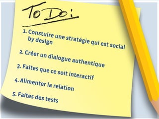 1.  Cons
              tuire un
         by desi       e straté
                 gn             gie qui
                                        est s   ocial
   2.  Créer
               un dial
                        ogue au
                                   thentiq
  3.  Faite                                ue
             s que ce
                        soit int
                                 eractif
 4.  Alime
            nter la
                      relation
5.  Faite
         s des te
                   sts
 
