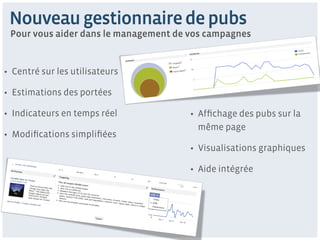 Nouveau gestionnaire de pubs
 Pour vous aider dans le management de vos campagnes


•  Centré sur les utilisateurs

•  Estimations des portées

•  Indicateurs en temps réel           •  Afﬁchage des pubs sur la
                                          même page
•  Modiﬁcations simpliﬁées
                                       •  Visualisations graphiques

                                       •  Aide intégrée
 