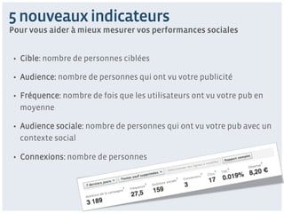 5 nouveaux indicateurs
Pour vous aider à mieux mesurer vos performances sociales


 •  Cible: nombre de personnes ciblées

 •  Audience: nombre de personnes qui ont vu votre publicité

 •  Fréquence: nombre de fois que les utilisateurs ont vu votre pub en
    moyenne

 •  Audience sociale: nombre de personnes qui ont vu votre pub avec un
    contexte social

 •  Connexions: nombre de personnes
 