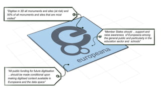 “Digitise in 3D all monuments and sites (at risk) and
50% of all monuments and sites that are most
visited”
“Member States should …support and
raise awareness of Europeana among
the general public and particularly in the
education sector and schools”
“All public funding for future digitisation
…should be made conditional upon
making digitised content available in
Europeana and the data space”
 