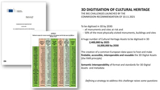3D DIGITISATION OF CULTURAL HERITAGE
THE BIG CHALLENGES LAUNCHED BY THE
COMMISSION RECOMMENDATION OF 10.11.2021
To be digitised in 3D by 2030:
- all monuments and sites at risk and
- 50% of the most physically visited monuments, buildings and sites
A huge number of Cultural Heritage Assets to be digitised in 3D
2,400,000 by 2025
16,000,000 by 2030
The creation of a common European data space to host and make
findable, accessible, interoperable and reusable the 3D Digital Assets
(the FAIR principle)
Semantic interoperability of format and standards for 3D Digital
Assets and metadata
Defining a strategy to address this challenge raises some questions
 