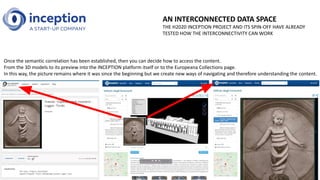 AN INTERCONNECTED DATA SPACE
THE H2020 INCEPTION PROJECT AND ITS SPIN-OFF HAVE ALREADY
TESTED HOW THE INTERCONNECTIVITY CAN WORK
Once the semantic correlation has been established, then you can decide how to access the content.
From the 3D models to its preview into the INCEPTION platform itself or to the Europeana Collections page.
In this way, the picture remains where it was since the beginning but we create new ways of navigating and therefore understanding the content.
 