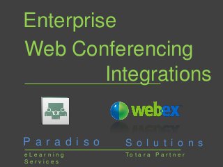 Enterprise
Web Conferencing
Integrations
Five Fantastic Features

P a r a d i s o

S o l u t i o n s

eLearning
Services

To t a r a P a r t n e r

 