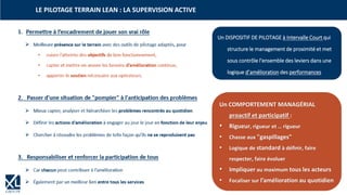 25
1. Permettre à l’encadrement de jouer son vrai rôle
➢ Meilleure présence sur le terrain avec des outils de pilotage adaptés, pour
• suivre l’atteinte des objectifs de bon fonctionnement,
• capter et mettre en œuvre les besoins d’amélioration continue,
• apporter le soutien nécessaire aux opérateurs.
2. Passer d'une situation de "pompier" à l'anticipation des problèmes
➢ Mieux capter, analyser et hiérarchiser les problèmes rencontrés au quotidien
➢ Définir les actions d’amélioration à engager au jour le jour en fonction de leur enjeu
➢ Chercher à résoudre les problèmes de telle façon qu’ils ne se reproduisent pas
3. Responsabiliser et renforcer la participation de tous
➢ Car chacun peut contribuer à l’amélioration
➢ Également par un meilleur lien entre tous les services
LE PILOTAGE TERRAIN LEAN : LA SUPERVISION ACTIVE
Un COMPORTEMENT MANAGÉRIAL
proactif et participatif :
• Rigueur, rigueur et … rigueur
• Chasse aux "gaspillages"
• Logique de standard à définir, faire
respecter, faire évoluer
• Impliquer au maximum tous les acteurs
• Focaliser sur l’amélioration au quotidien
Un DISPOSITIF DE PILOTAGE à Intervalle Court qui
structure le management de proximité et met
sous contrôle l'ensemble des leviers dans une
logique d’amélioration des performances
 