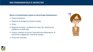 Réussir sa transformation repose sur des principes fondamentaux :
 Projet d’entreprise
 Apprécier & partager la situation actuelle
 Vision
 Respecter les bases : standards de travail, AIC, résolution de
problèmes et leadership
 Ecouter, impliquer et former l’ensemble des collaborateurs 
autonomie, engagement, volonté de changer
 Preuve par l’exemple
DES FONDAMENTAUX À RESPECTER
 