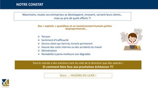Néanmoins, toutes ces entreprises se développent, innovent, servent leurs clients…
mais au prix de quels efforts ?!
NOTRE CONSTAT
Tout le monde a des solutions tant du coté de la direction que des salariés !
Et comment faire face aux prochaines échéances ?!!
Des « exploits » quotidiens et un investissement humain parfois
disproportionnés…
 Tension
 Sentiment d’inefficacité
 Service client qui tient du miracle permanent
 Hausse des coûts internes ou des accidents du travail
 Démotivation
 Rentabilité à peine meilleure voir dégradée
Donc … FAISONS DU LEAN !
 