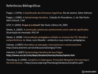 Referências Bibliográficas Piaget, J. (1976).  A Equilibração das Estruturas Cognitivas . Rio de Janeiro: Zahar Editores Piaget, J. (1983).  A Epistemologia Genética .  Coleção Os Pensadores. 2. ed. São Paulo: Abril Cultural. 1-64 LÉVY, P. (2003).  O que é o virtual?  São Paulo: Editora 34, 2003 Okada, A. (2002) . A construção coletiva do conhecimento como rede de significados .  Dissertação de mestrado. PUC-SP Okada, S. (2008) . Intermediação pedagógica múltipla no universo das TIC, Moodle e webconferência.  In: Alves, Lynn Moodle – ambiente e suas matrizes pedagógicas. Valente, J.(1997)  Informática na educação: instrucionismo x construcionismo  http://www.divertire.com.br/educacional/artigos/7.htm Valentini, C.(2007)  Epistemologia Genética de Jean Piaget . http://www.ucs.br/ccha/deps/cbvalent/teorias/textos/episte.htm   Thornburg, D. (1996).  Campfires in Cyberspace:  Primordial Metaphors for Learning in the 21st Century.  < http://www.tcpd.org/Thornburg/Handouts/Campfires.pdf> 