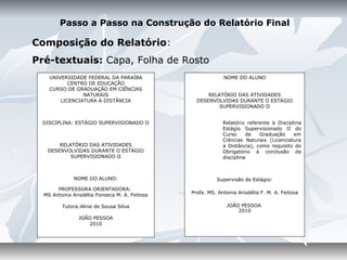 Passo a Passo na Construção do Relatório Final

Composição do Relatório:
Pré-textuais: Capa, Folha de Rosto
    UNIVERSIDADE FEDERAL DA PARAÍBA                         NOME DO ALUNO
           CENTRO DE EDUCAÇÃO
    CURSO DE GRADUAÇÃO EM CIÊNCIAS
                NATURAIS                             RELATÓRIO DAS ATIVIDADES
        LICENCIATURA A DISTÂNCIA                 DESENVOLVIDAS DURANTE O ESTÁGIO
                                                         SUPERVISIONADO II


 DISCIPLINA: ESTÁGIO SUPERVISIONADO II                      Relatório referente à Disciplina
                                                            Estágio Supervisionado II do
                                                            Curso     de   Graduação     em
                                                            Ciências Naturais (Licenciatura
       RELATÓRIO DAS ATIVIDADES                             a Distância), como requisito do
   DESENVOLVIDAS DURANTE O ESTÁGIO                          Obrigatório à conclusão da
           SUPERVISIONADO II                                disciplina



              NOME DO ALUNO:                             Supervisão de Estágio:
       PROFESSORA ORIENTADORA:
                                               Profa. MS. Antonia Arisdélia F. M. A. Feitosa
  MS Antonia Arisdélia Fonseca M. A. Feitosa

         Tutora:Aline de Sousa Silva                         JOÃO PESSOA
                                                                 2010
                JOÃO PESSOA
                   2010
 