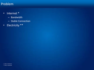 ProblemInternet *BandwidthStable ConnectionElectricity ***   Only in Indonesia** Only in Indonesia