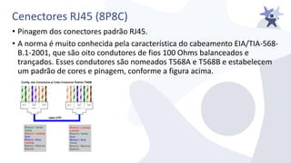Cenectores RJ45 (8P8C)
• Pinagem dos conectores padrão RJ45.
• A norma é muito conhecida pela característica do cabeamento EIA/TIA-568-
B.1-2001, que são oito condutores de fios 100 Ohms balanceados e
trançados. Esses condutores são nomeados T568A e T568B e estabelecem
um padrão de cores e pinagem, conforme a figura acima.
 