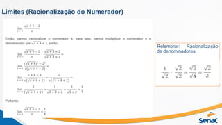 Limites (Racionalização do Numerador)
Relembrar: Racionalização
de denominadores.
 