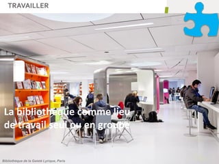 TRAVAILLER
24
La bibliothèque comme lieu
de travail seul ou en groupe
Bibliothèque de la Gaieté Lyrique, Paris
 