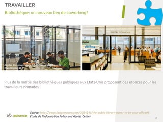 TRAVAILLER
26
Bibliothèque: un nouveau lieu de coworking?
Source: http://www.fastcompany.com/3034143/the-public-library-wants-to-be-your-office#6
Etude de l’Information Policy and Access Center
Plus de la moitié des bibliothèques publiques aux Etats-Unis proposent des espaces pour les
travailleurs nomades
Digital Commons de la bibliothèque publique de
Washington D.C
 