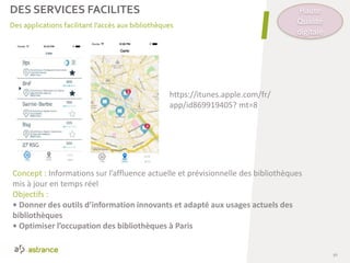 Des applications facilitant l’accès aux bibliothèques
50
Concept : Informations sur l’affluence actuelle et prévisionnelle des bibliothèques
mis à jour en temps réel
Objectifs :
• Donner des outils d’information innovants et adapté aux usages actuels des
bibliothèques
• Optimiser l’occupation des bibliothèques à Paris
https://itunes.apple.com/fr/
app/id869919405? mt=8
Haute
Qualité
digitale
DES SERVICES FACILITES
 