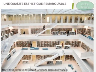 UNE QUALITE ESTHETIQUE REMARQUABLE
54
Nouvelle bibliothèque de Stuttgart (Architecte coréen Eun Young Yi)
Confort
Bien-être
 