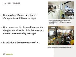 UN LIEU ANIME
57
• Des horaires d’ouverture élargis
s’adaptant aux différents usages
• Une ouverture du champ d’intervention
des gestionnaires de bibliothèques vers
un rôle de community manager
• La création d’événements « soft »
BULAC, PARIS: Ouverture 6 jours sur 7
jusqu’à 22H et 24h/24 pour un public
restreint
Atelier à la bibliothèque de Lambezellec
 