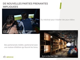 59
Du mécénat pour installer des jeux vidéos
La Nuit des 4 jeudis, à Rennes en 2013 (Bibliothèque des
Champs Libres, CC BY-NC-ND 2.0)
Des partenariats inédits: partenariat avec
une maison d’édition qui fournit les livres
Book and Bed Hotel Tokyo
DE NOUVELLES PARTIES PRENANTES
IMPLIQUEES
 