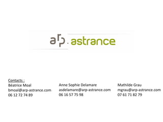 Mathilde Grau
mgrau@arp-astrance.com
07 61 71 82 79
Anne Sophie Delamare
asdelamare@arp-astrance.com
06 16 57 75 98
Contacts :
Béatrice Moal
bmoal@arp-astrance.com
06 12 72 74 89
 
